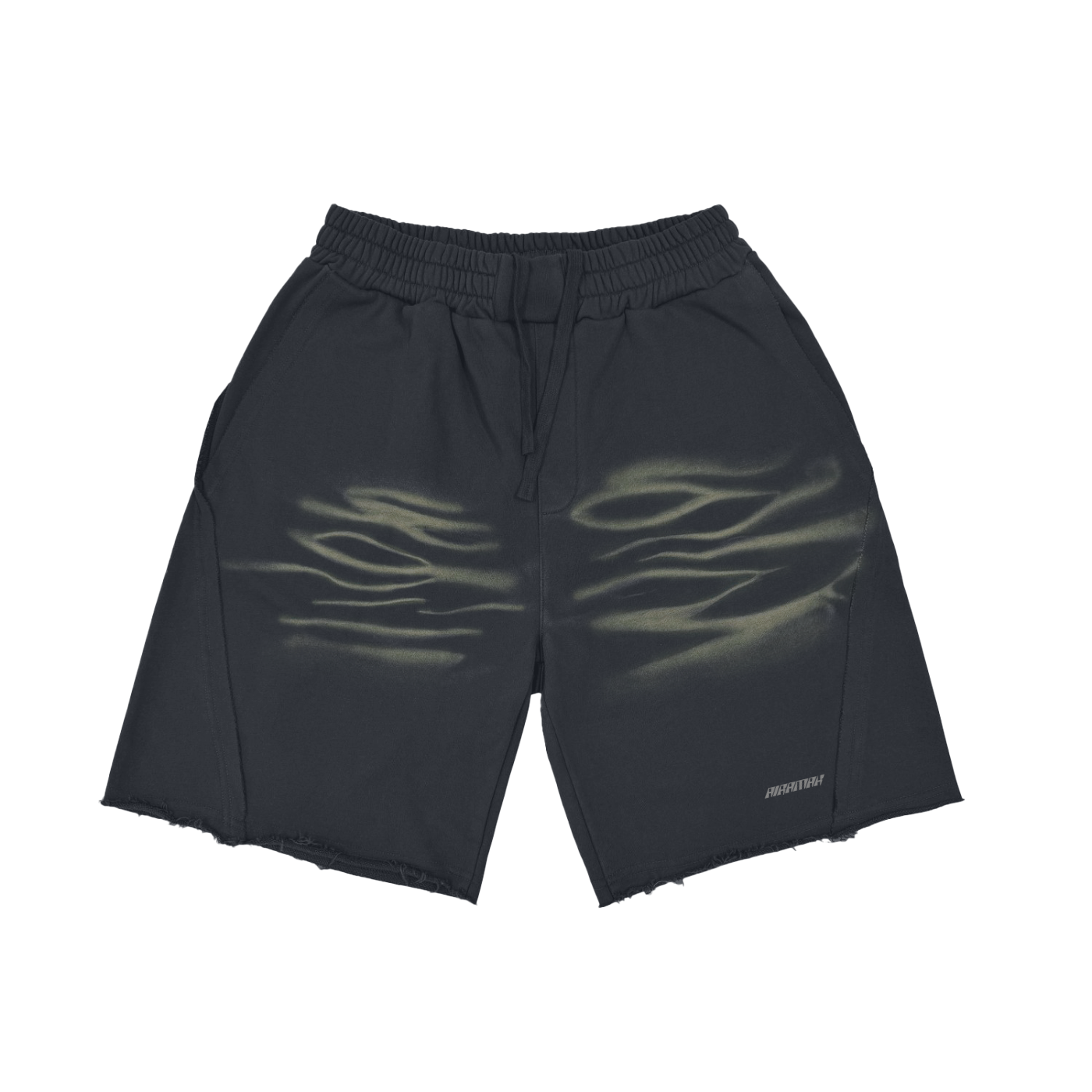 Black shorts with faded yellow wave patterns, elastic waistband, and frayed hem.
