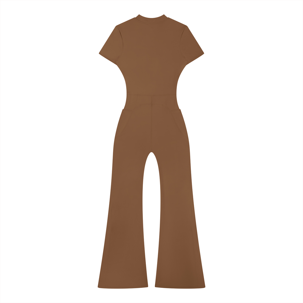 Brown short-sleeve jumpsuit with flared legs on a white background.