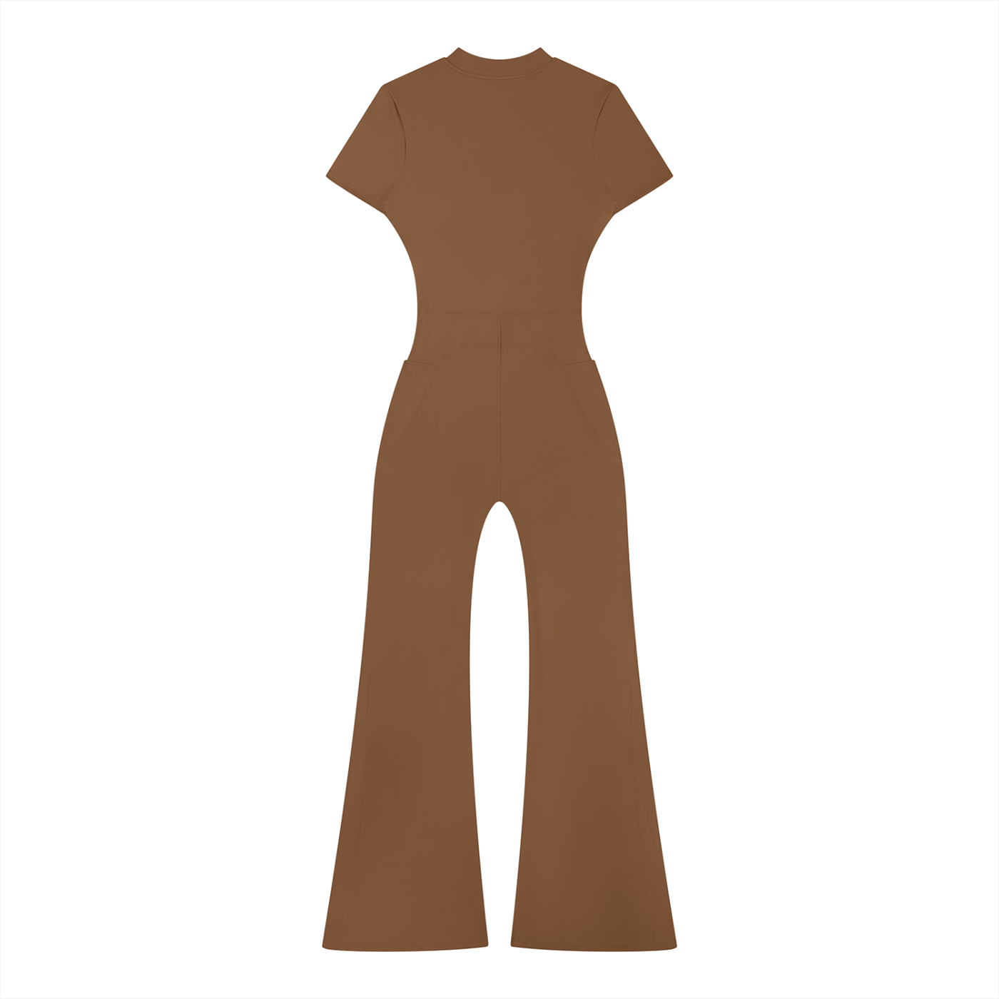 Brown short-sleeve jumpsuit with flared legs on a white background.