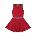 Red sleeveless dress with black trim and a striped waistband, featuring a flared skirt.