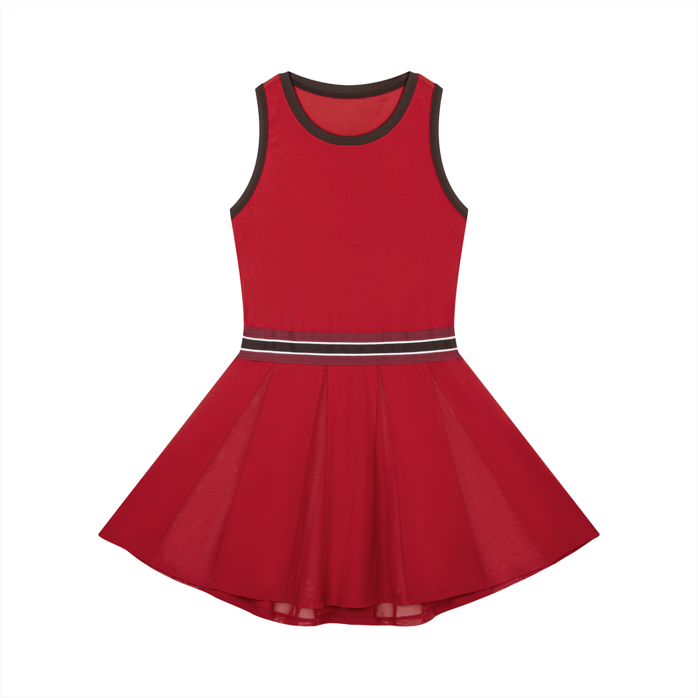 Red sleeveless dress with black trim and a striped waistband, featuring a flared skirt.