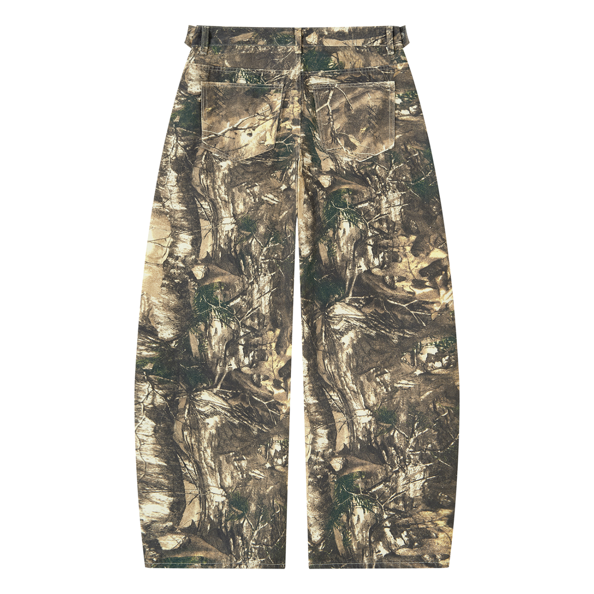 Camouflage pants with earthy tones, featuring a wide leg and large back pockets.