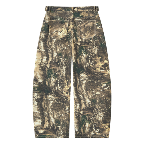 Camouflage pants with earthy tones, featuring a wide leg and large back pockets.