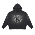 Black hoodie with graphic design of a skull and text, featuring a drawstring hood.