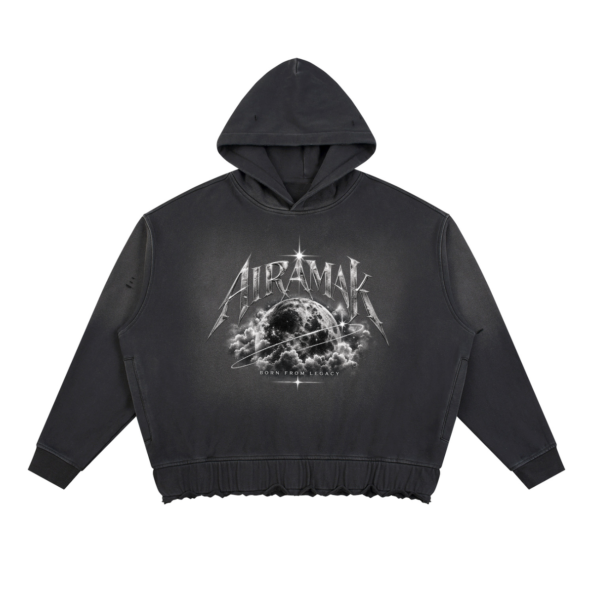 Black hoodie with graphic design of a skull and text, featuring a drawstring hood.