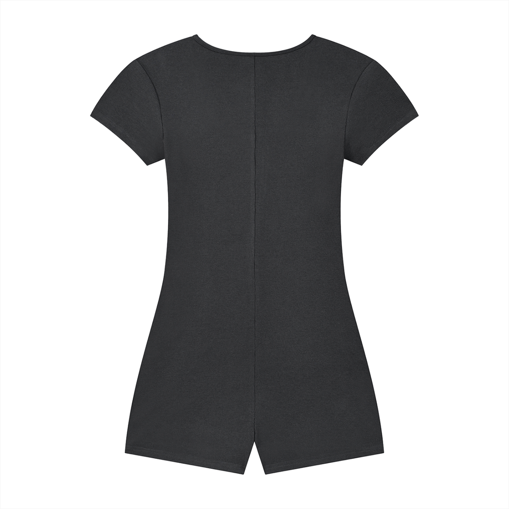 Black short-sleeve romper with a seam down the center and a notch at the hemline.