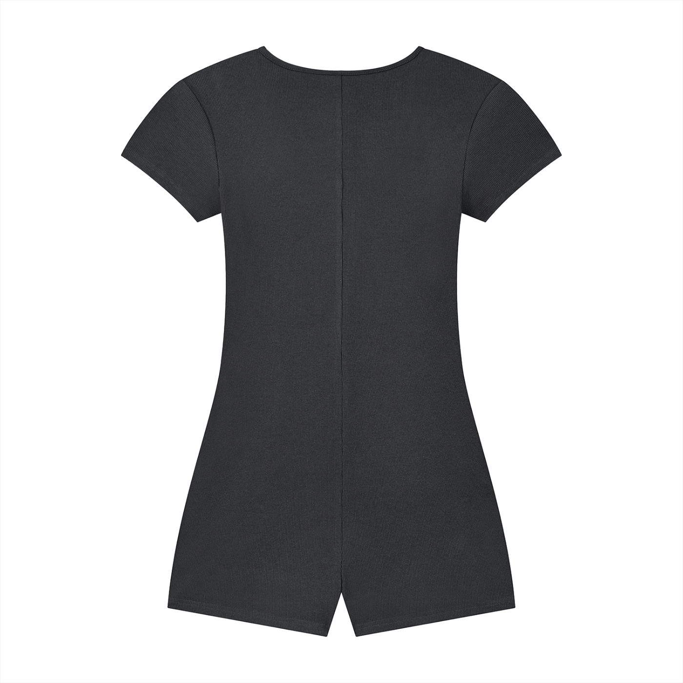 Black short-sleeve romper with a seam down the center and a notch at the hemline.