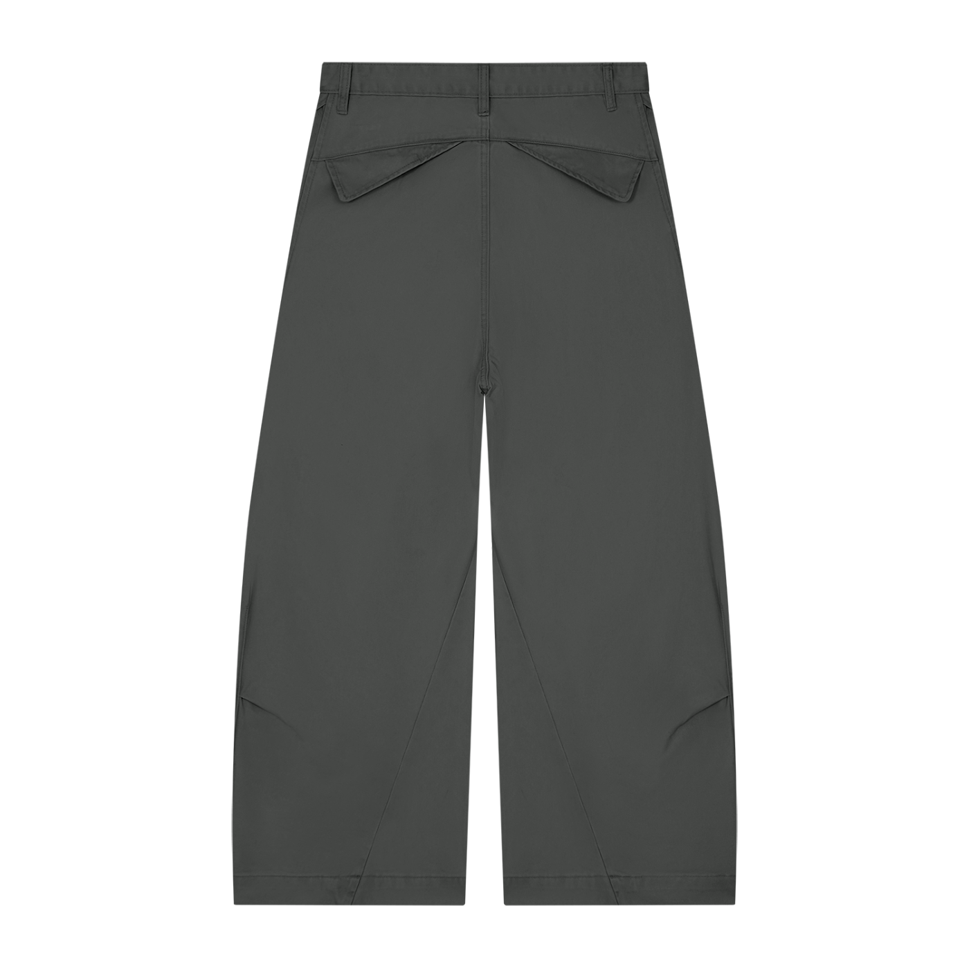Dark gray wide-leg pants with two back pockets and belt loops.