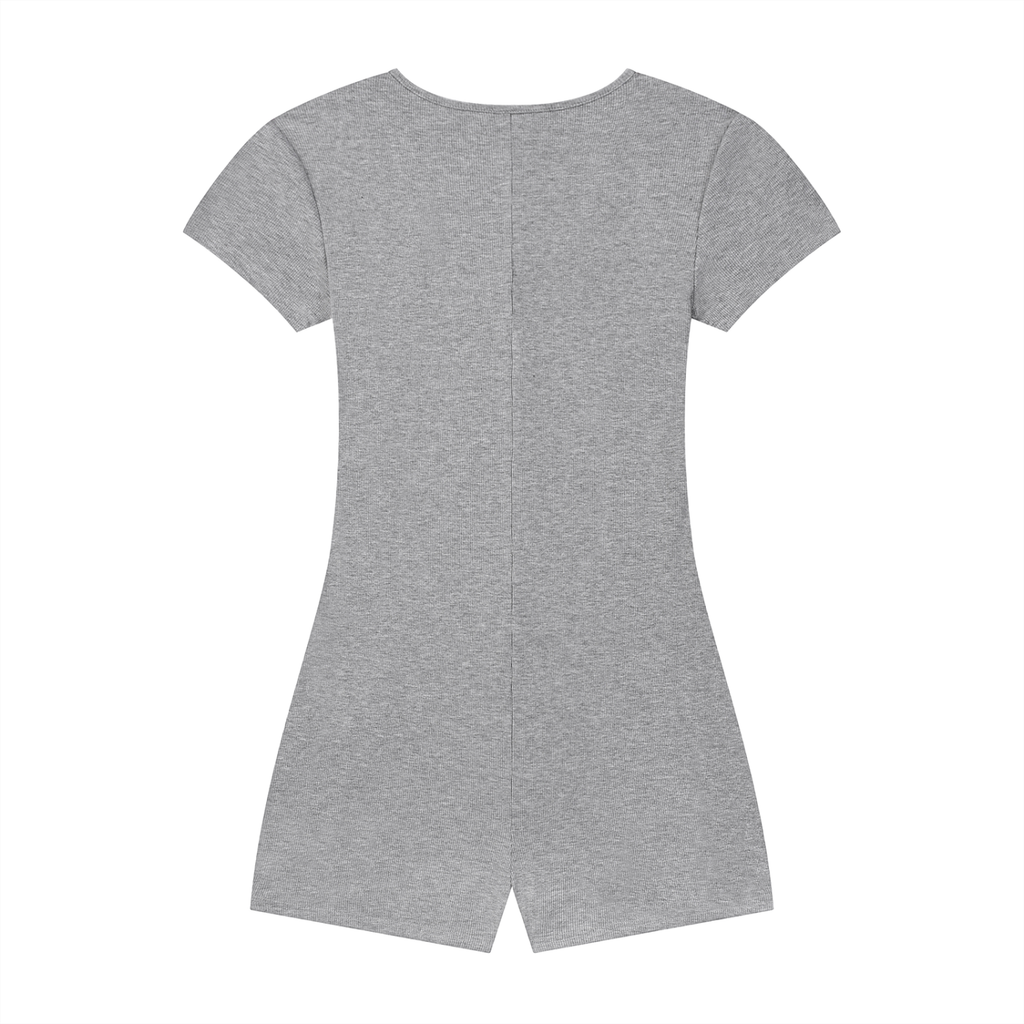 Gray, short-sleeve romper with a back seam and short legs, displayed on a white background.