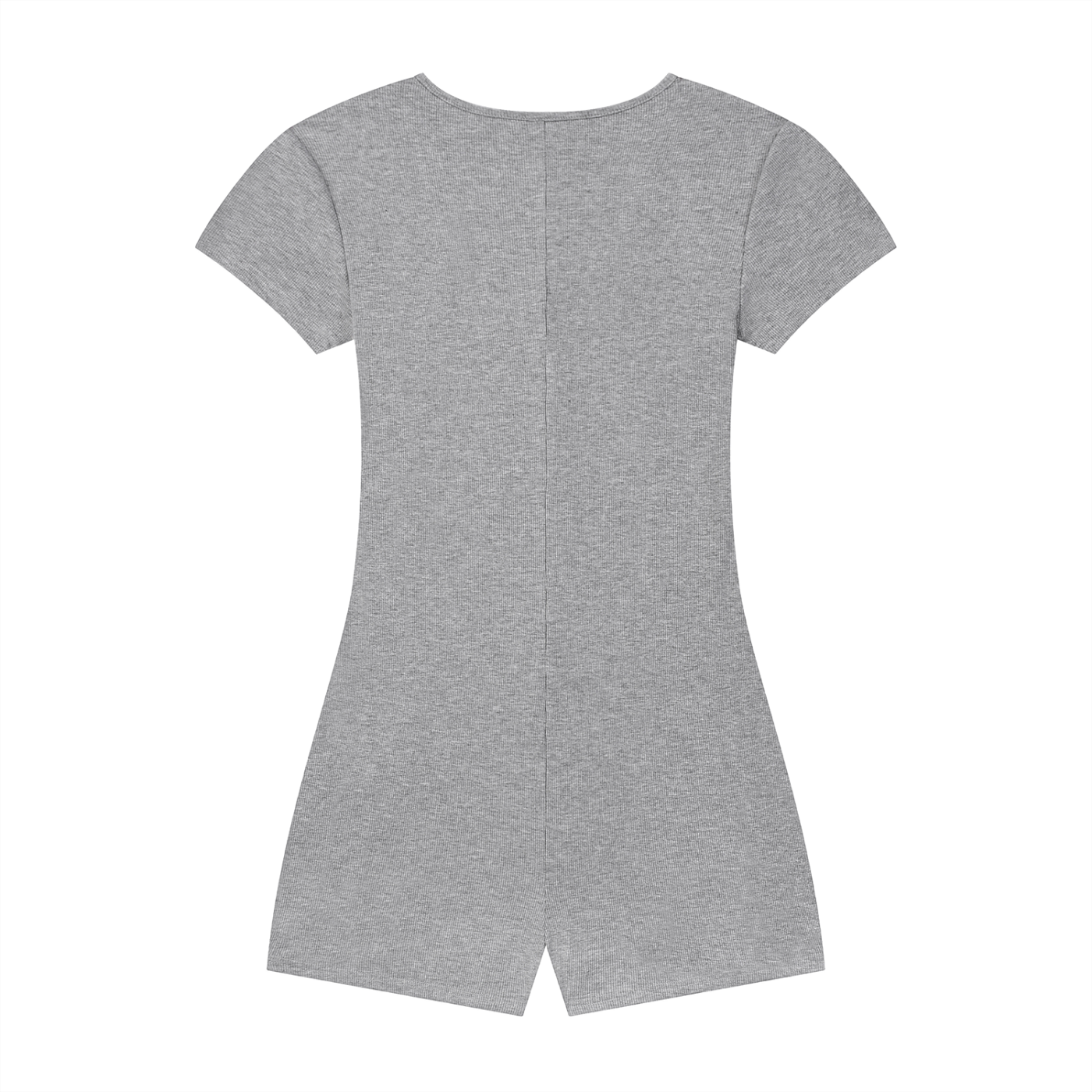 Gray, short-sleeve romper with a back seam and short legs, displayed on a white background.