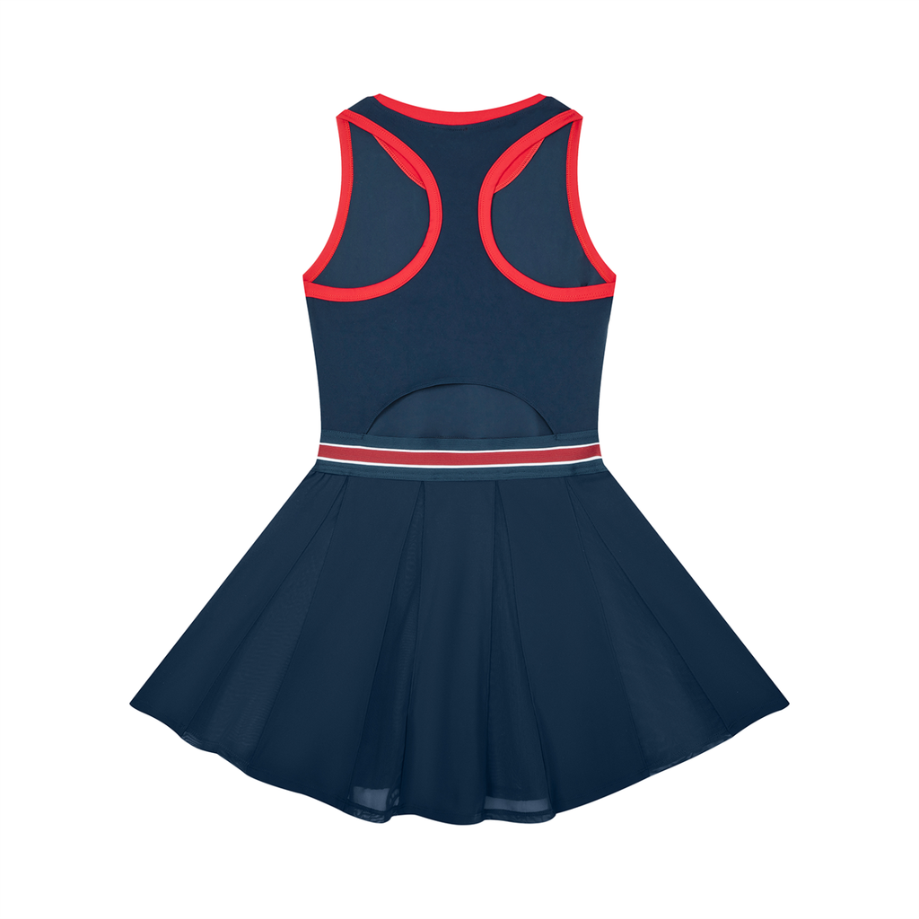Navy blue sleeveless dress with red trim and a striped waistband, featuring a flared skirt.