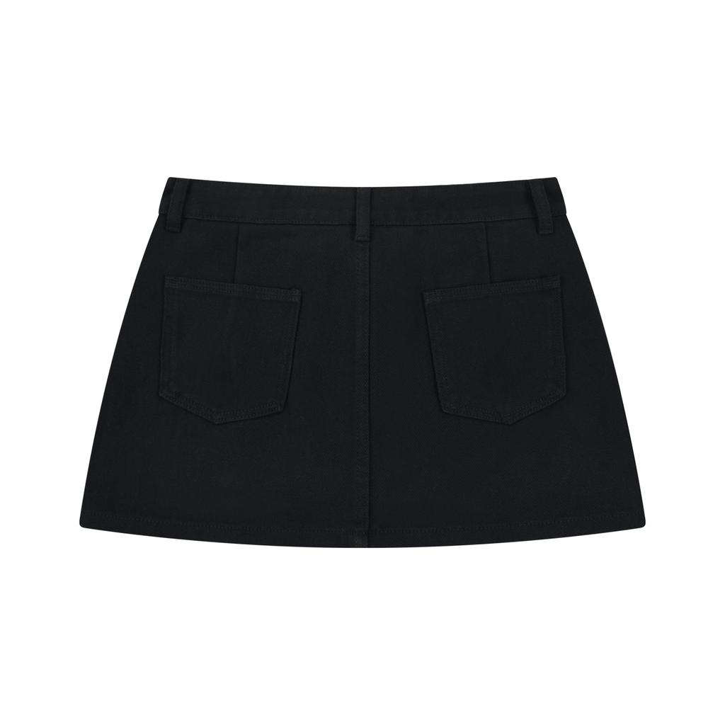 Black mini skirt with belt loops and two back pockets.