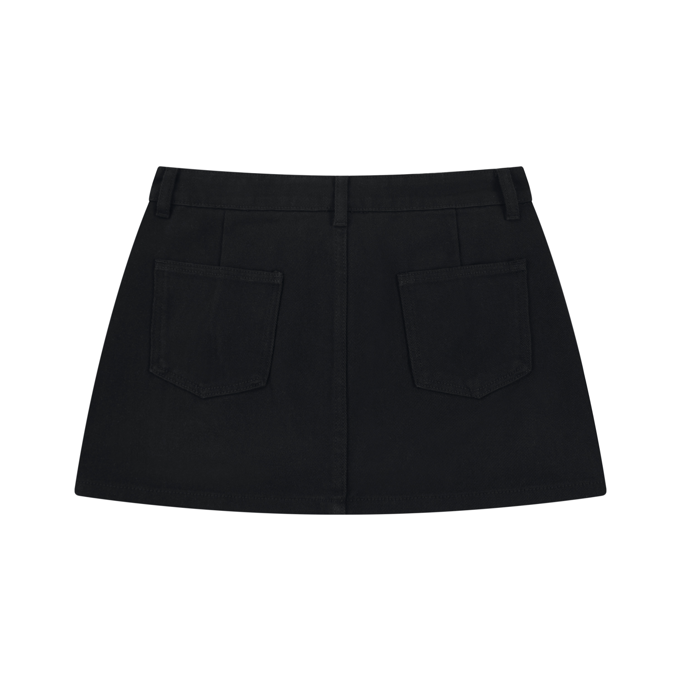 Black mini skirt with belt loops and two back pockets.
