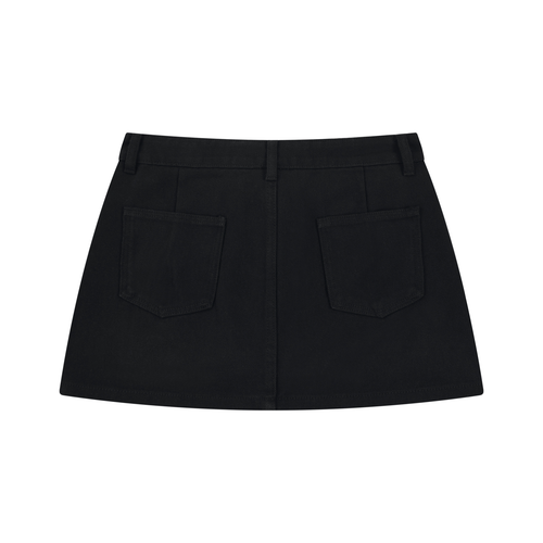 Black mini skirt with belt loops and two back pockets.