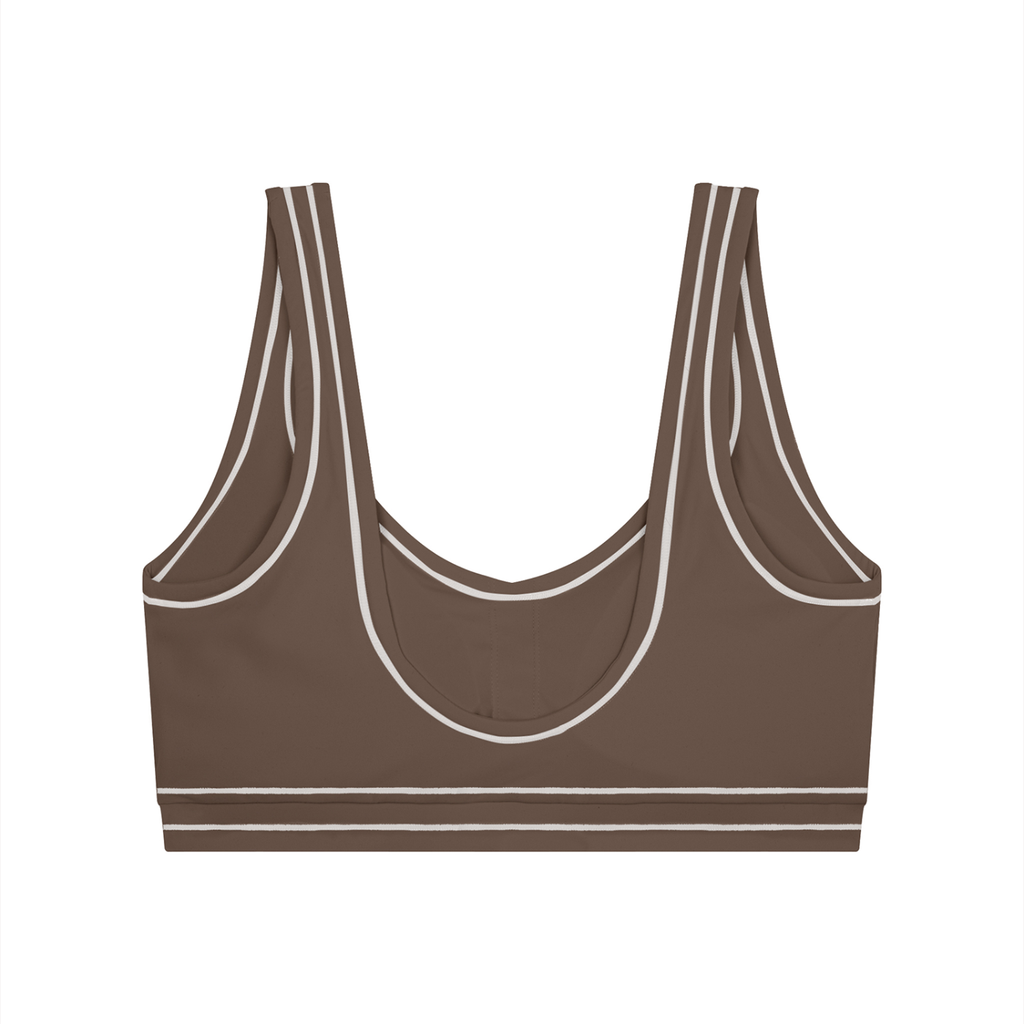 Brown sports bra with white trim, scoop neck, racerback, and double horizontal stripes at the bottom.