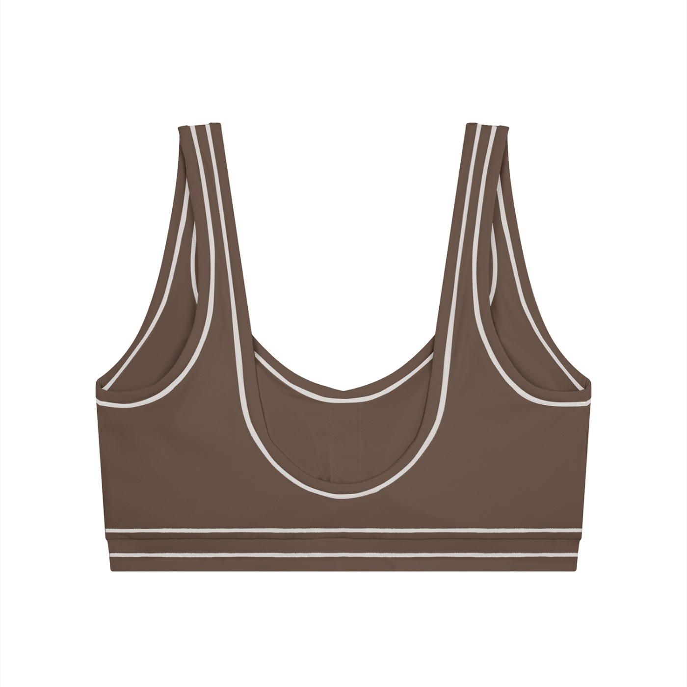 Brown sports bra with white trim, scoop neck, racerback, and double horizontal stripes at the bottom.