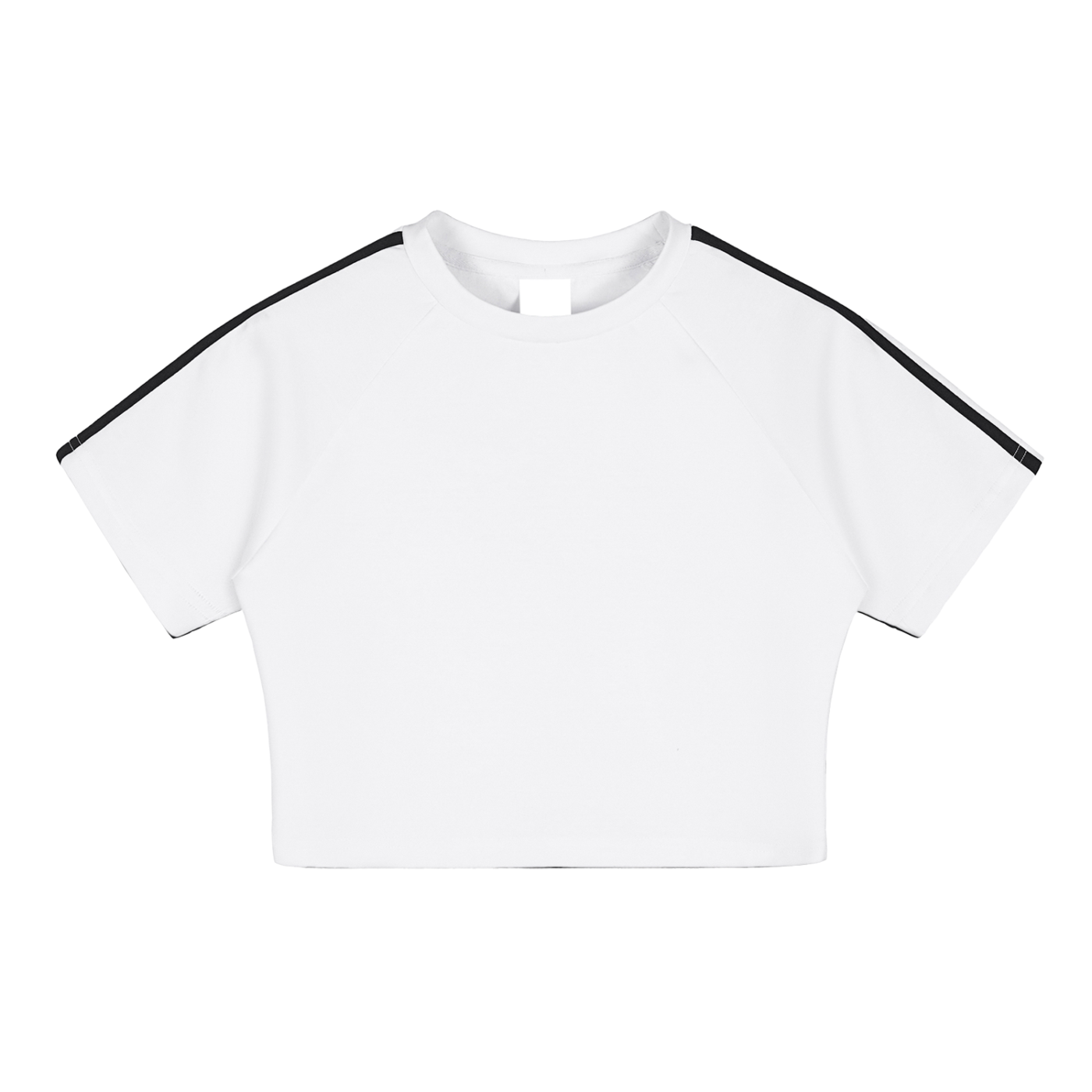 White cropped T-shirt with black stripes on shoulders and short sleeves.