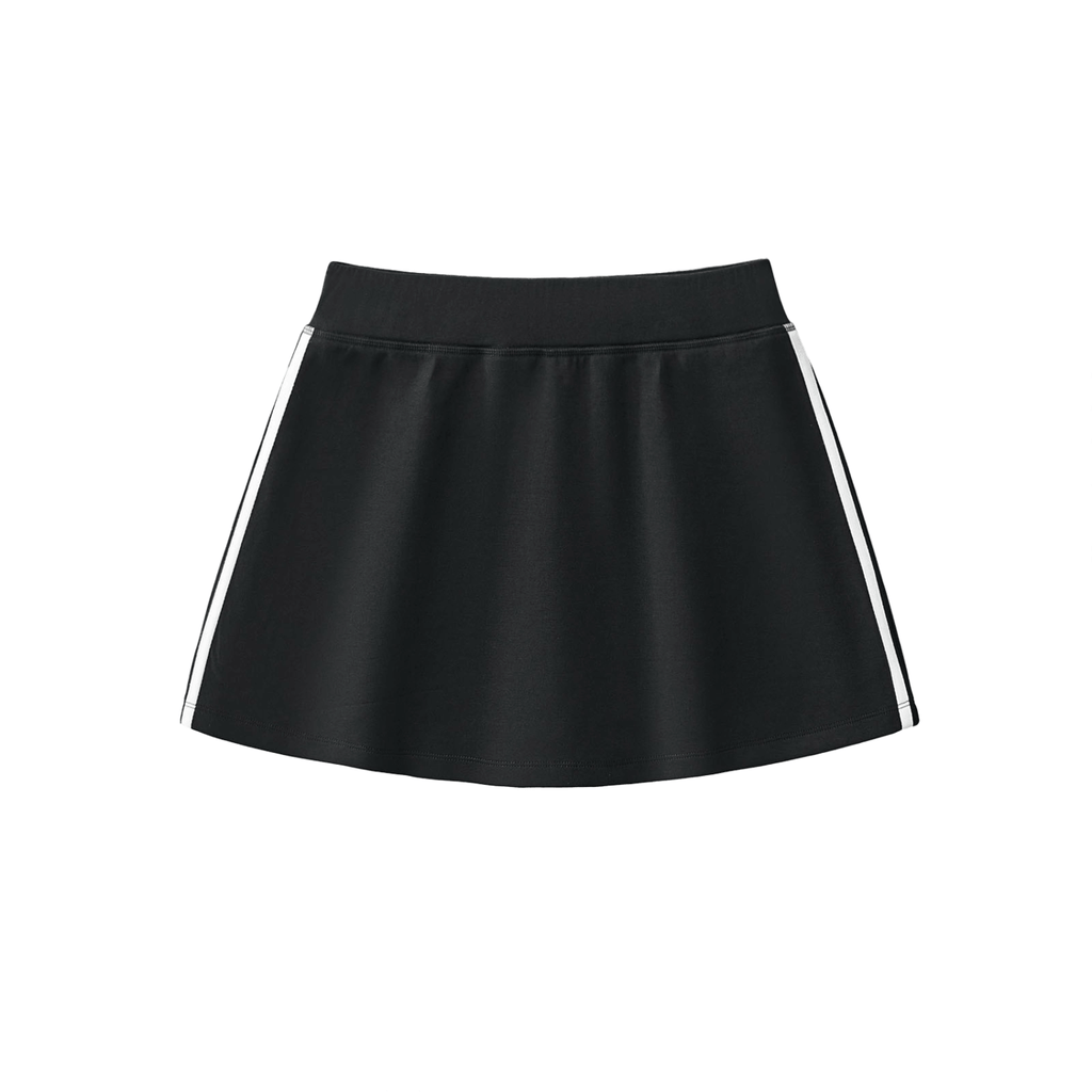 Black A-line skirt with white side stripes on a plain white background.