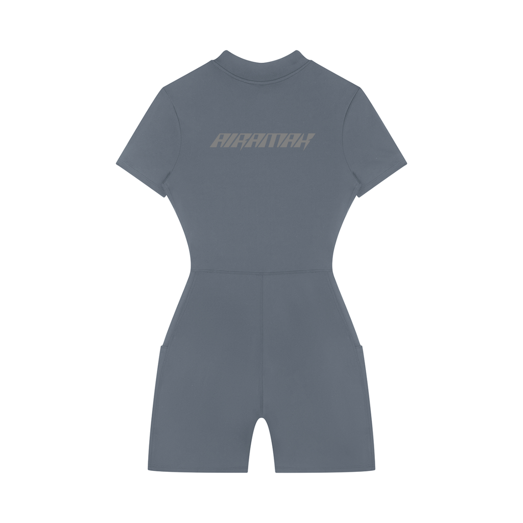 Gray short-sleeve romper with a high neck, fitted waist, and text on the chest.