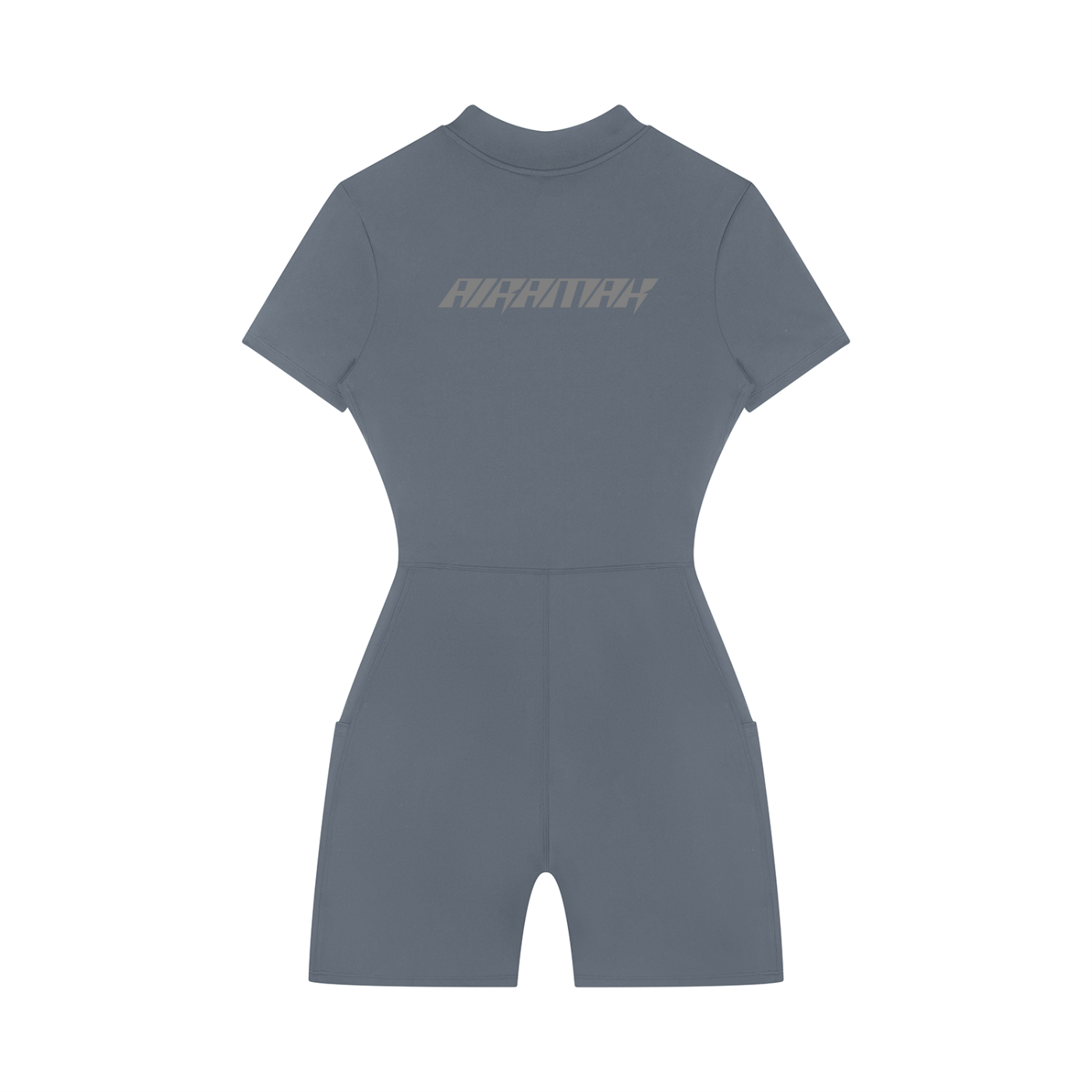 Gray short-sleeve romper with a high neck, fitted waist, and text on the chest.