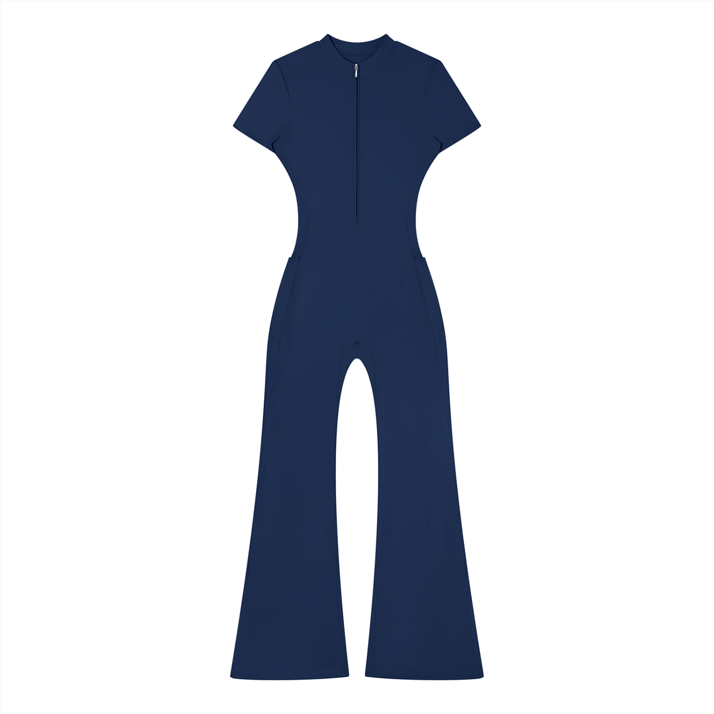 Dark blue jumpsuit with short sleeves, flared legs, and a front zipper, on a white background.