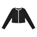 Black long-sleeve cardigan with white trim and buttons, featuring a round neckline.