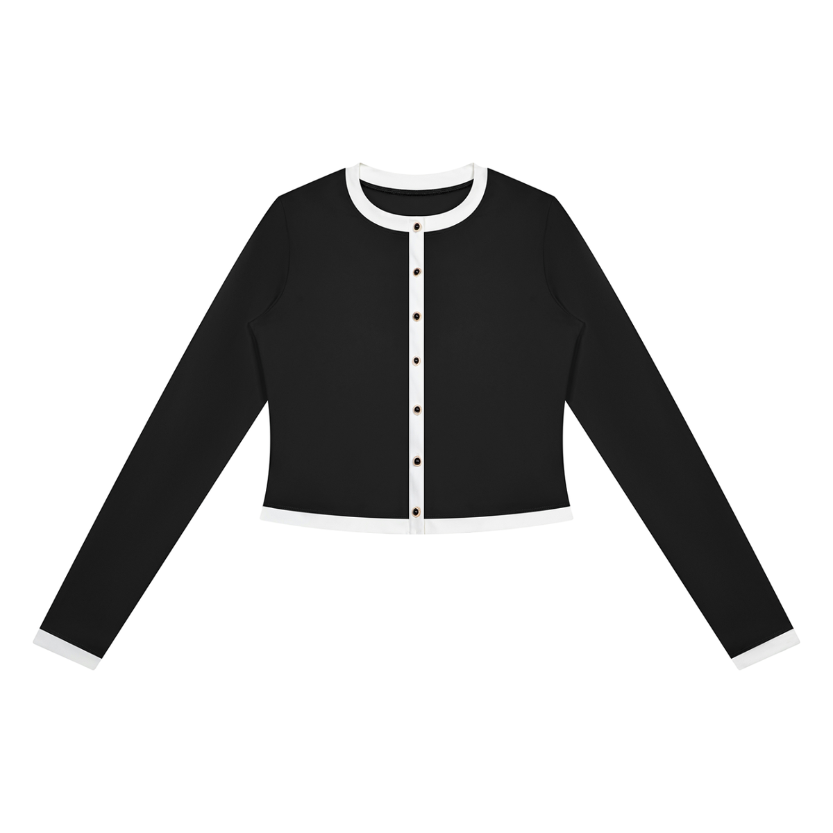 Black long-sleeve cardigan with white trim and buttons, featuring a round neckline.