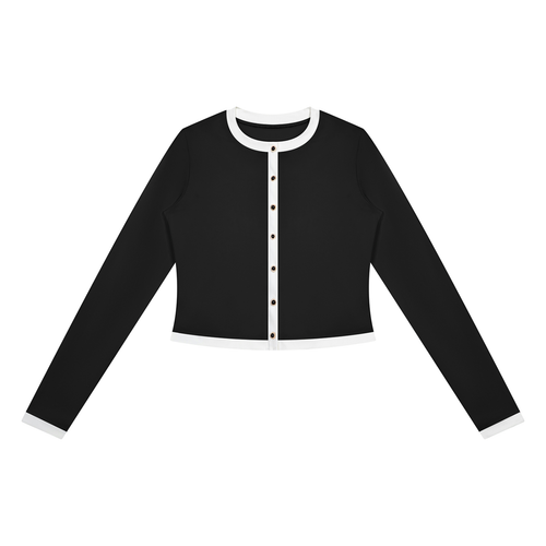 Black long-sleeve cardigan with white trim and buttons, featuring a round neckline.