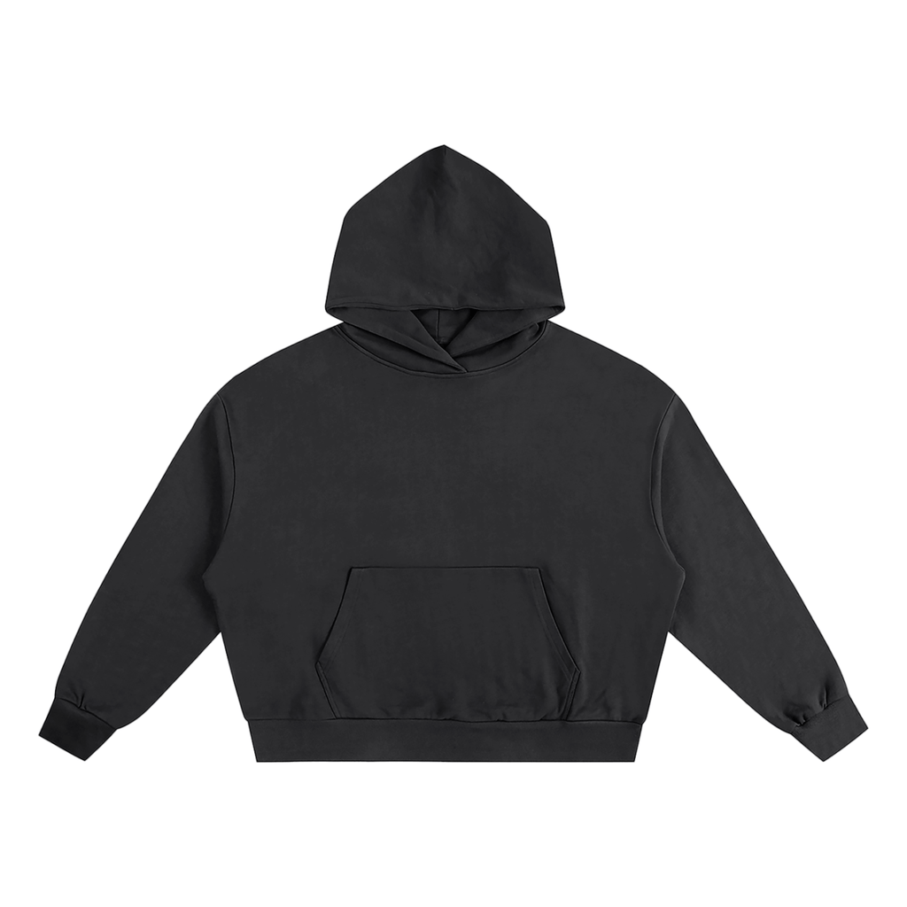 Black hoodie with a kangaroo pocket, drawstring hood, and long sleeves on a white background.
