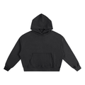 Black hoodie with a kangaroo pocket, drawstring hood, and long sleeves on a white background.