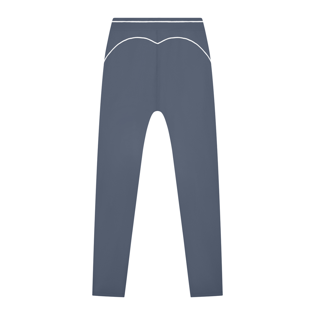 Gray leggings with white trim and a curved seam design, viewed from the back.