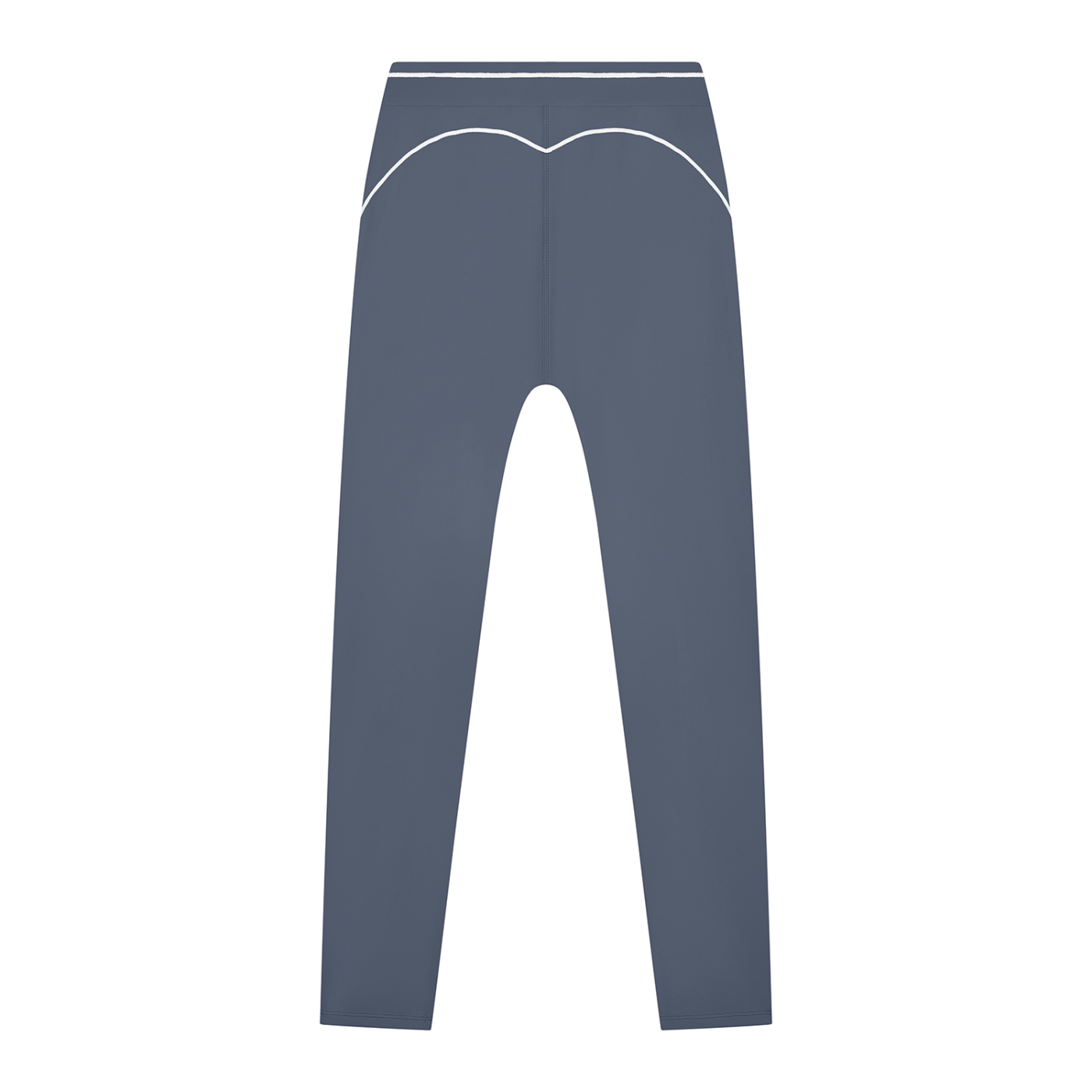 Gray leggings with white trim and a curved seam design, viewed from the back.