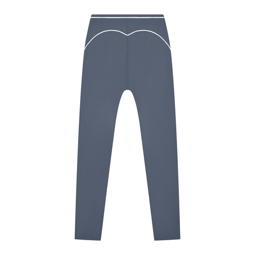 Gray leggings with white trim and a curved seam design, viewed from the back.