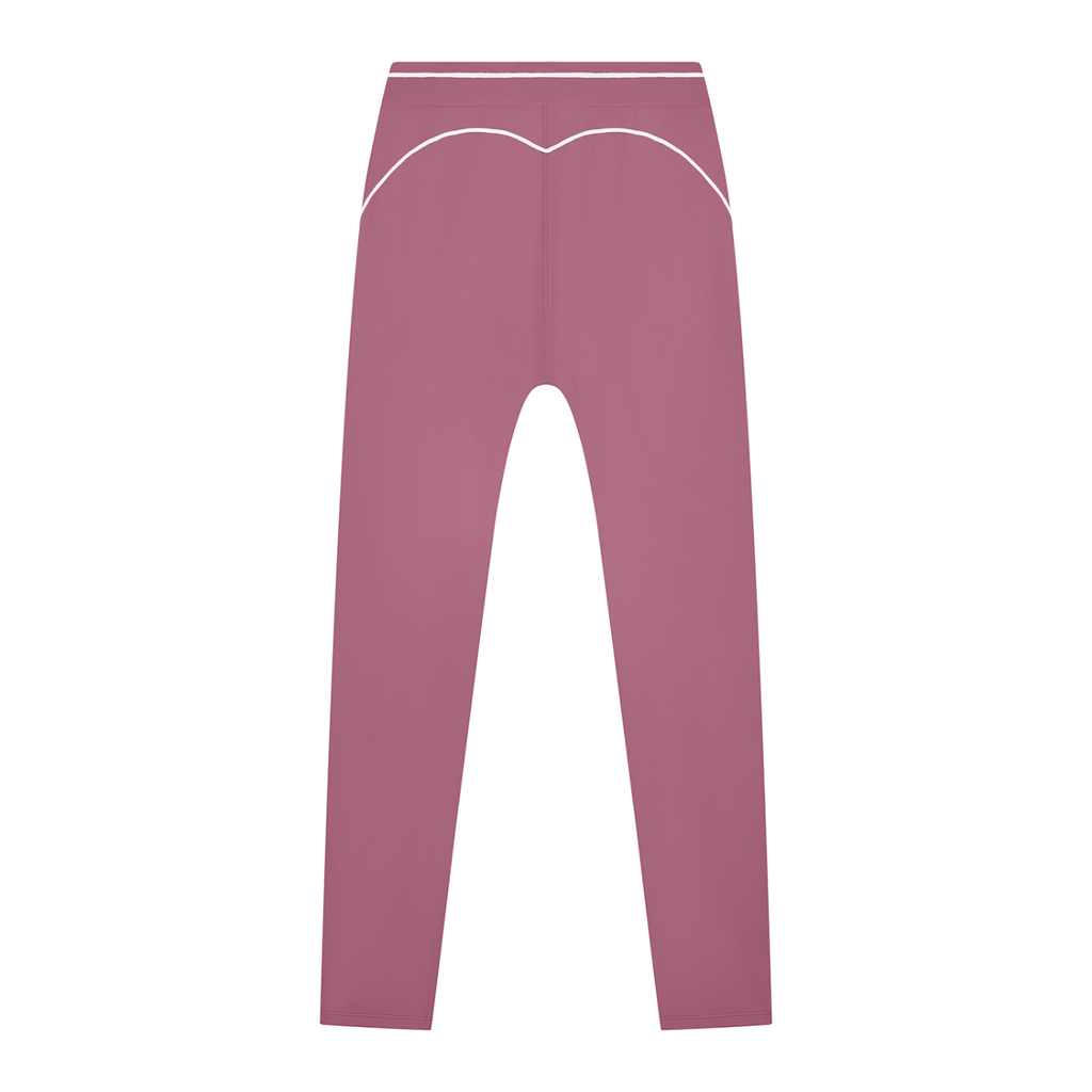 Pink leggings with white piping details on the waistband and hips, viewed from the back.
