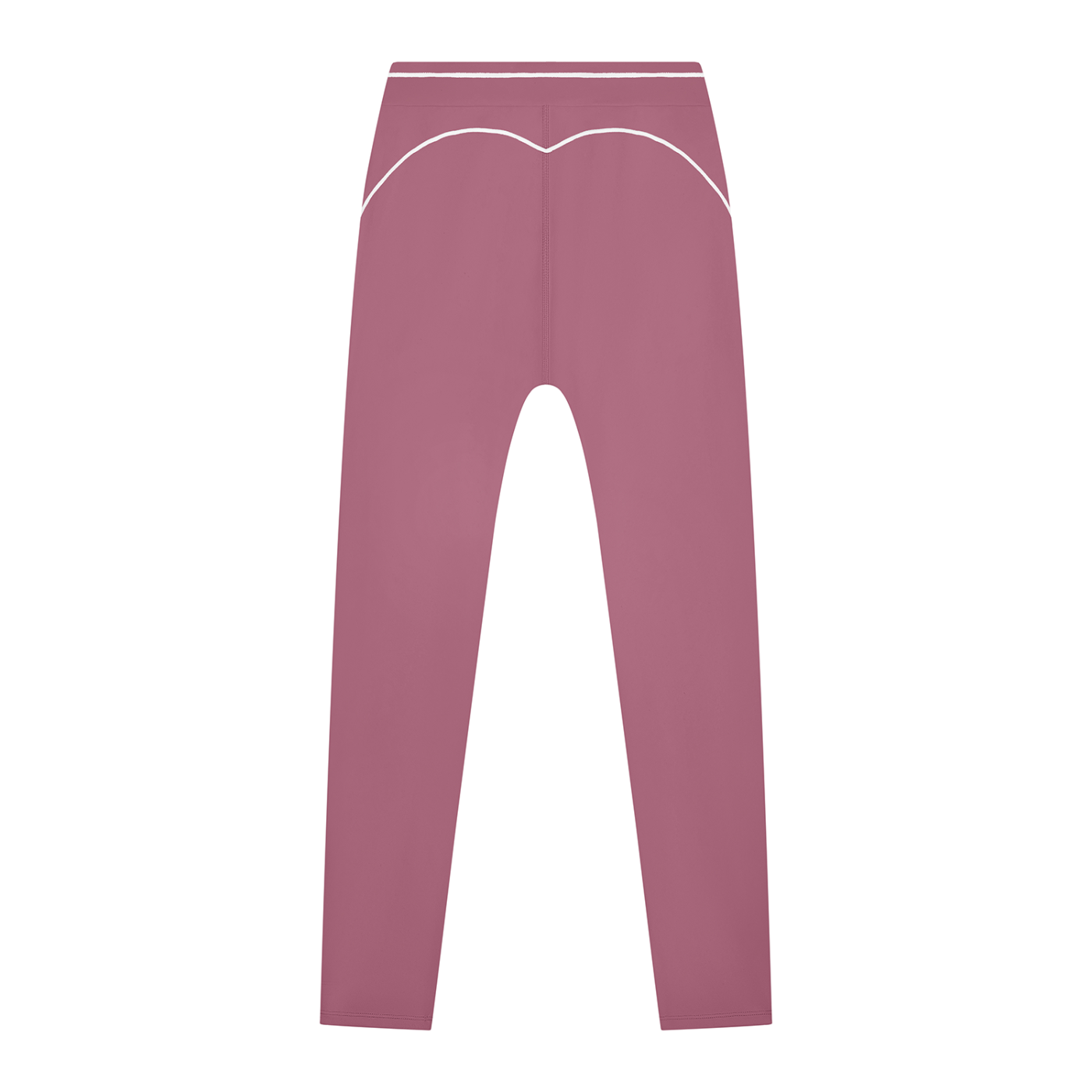 Pink leggings with white piping details on the waistband and hips, viewed from the back.