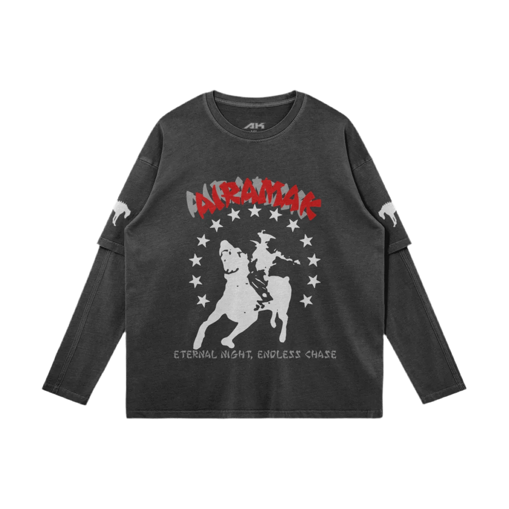 Dark gray long-sleeve shirt with a white horse and rider, red text, and stars.