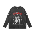 Dark gray long-sleeve shirt with a white horse and rider, red text, and stars.