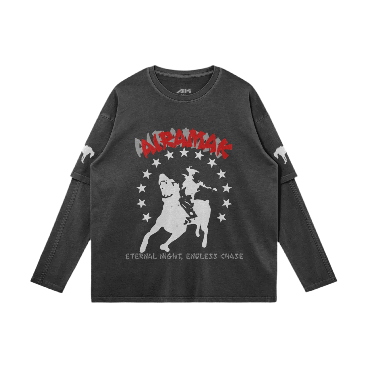 Dark gray long-sleeve shirt with a white horse and rider, red text, and stars.