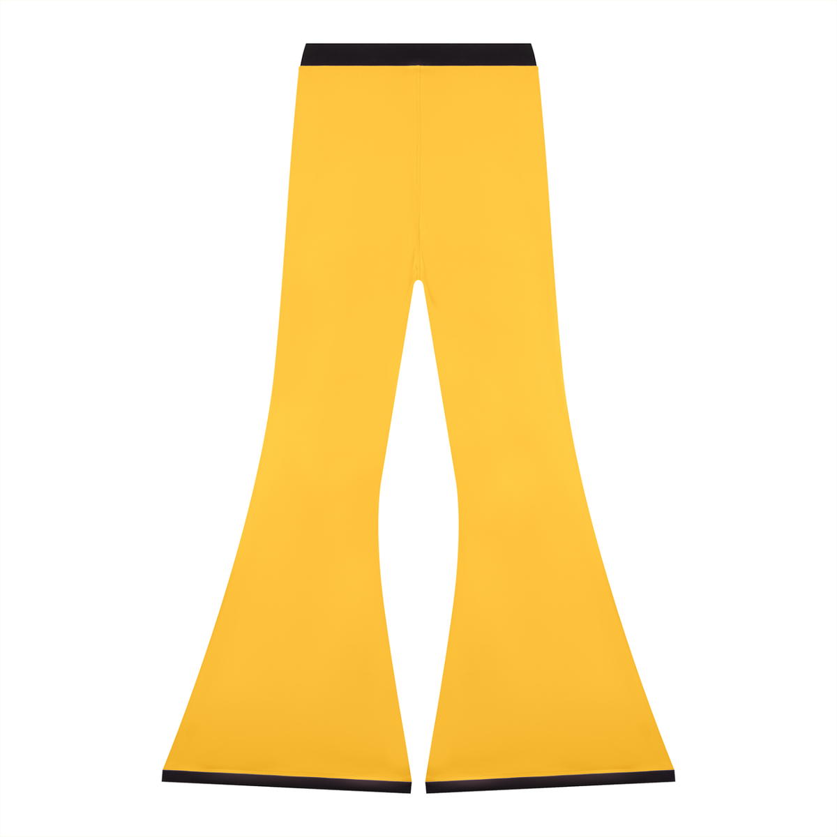 Yellow flared pants with black waistband and hems on a white background.