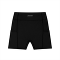 Black athletic shorts with high waistband and side pockets, featuring subtle logo on waistband.