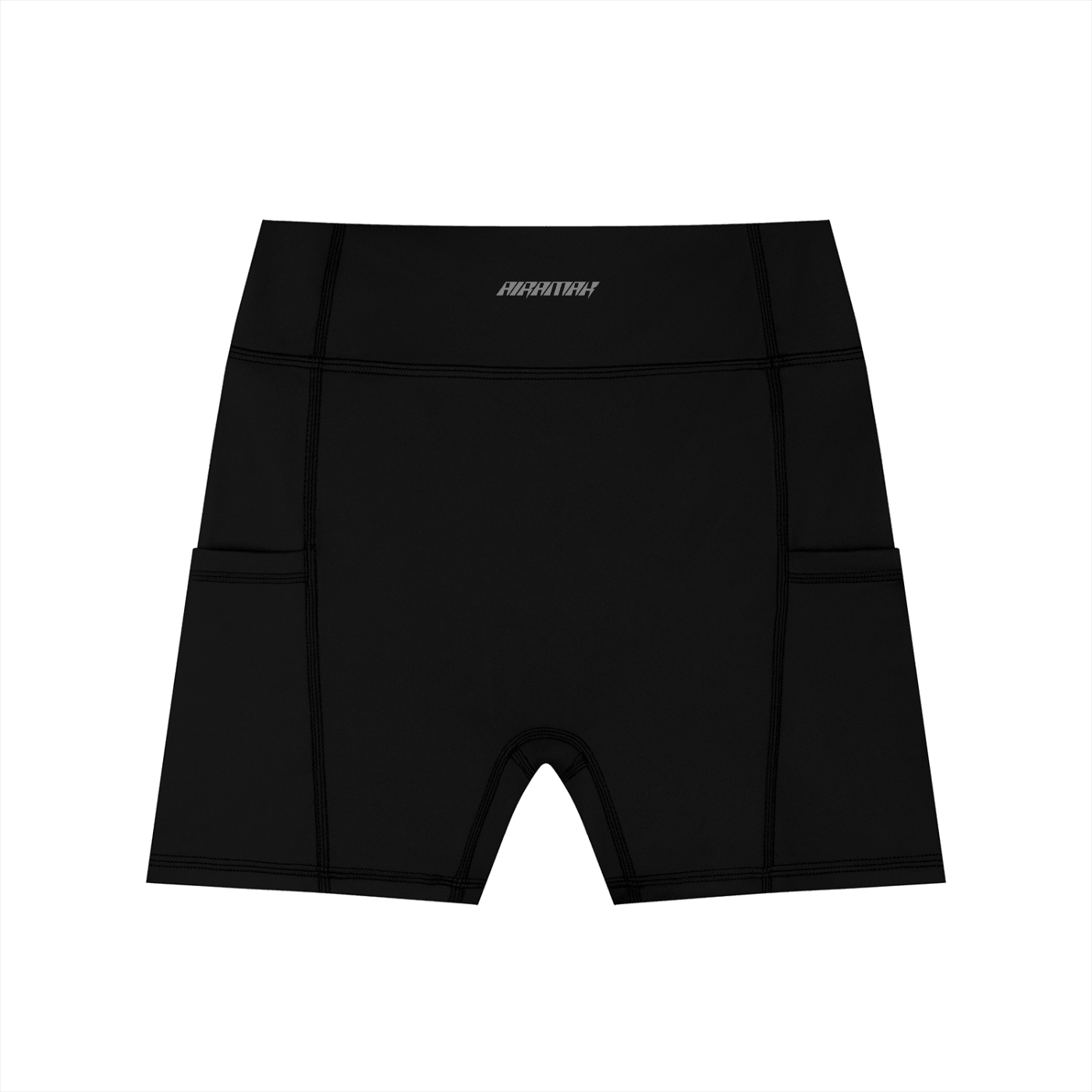 Black athletic shorts with high waistband and side pockets, featuring subtle logo on waistband.
