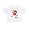 White t-shirt with a bandaged heart, red and green text, and distressed hem.