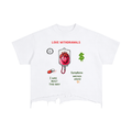White t-shirt with a red heart in a drip bag, dollar sign, clock, and text: "Love Withdrawals."