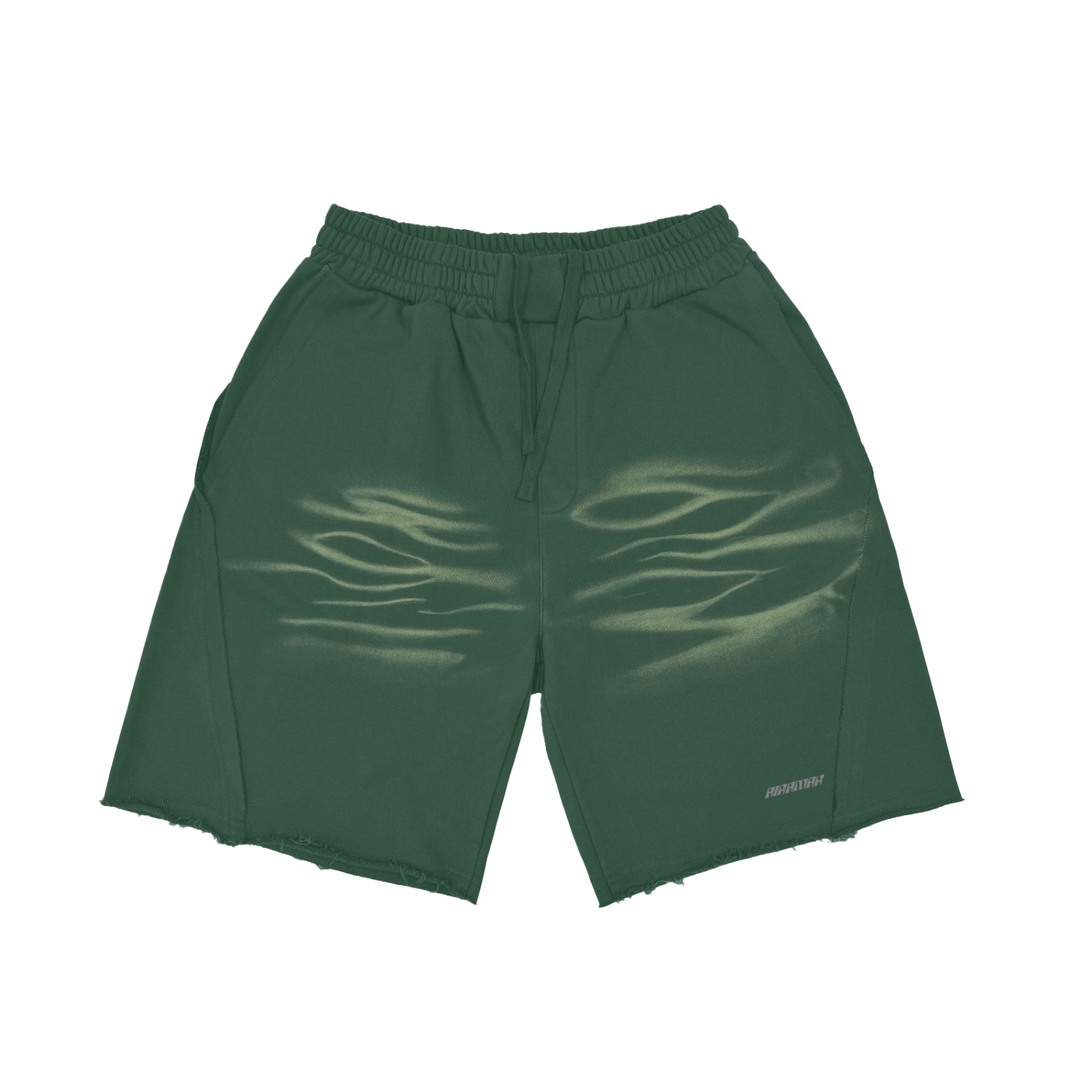 Dark green shorts with light wave patterns, elastic waistband, drawstring, and raw hem edges.