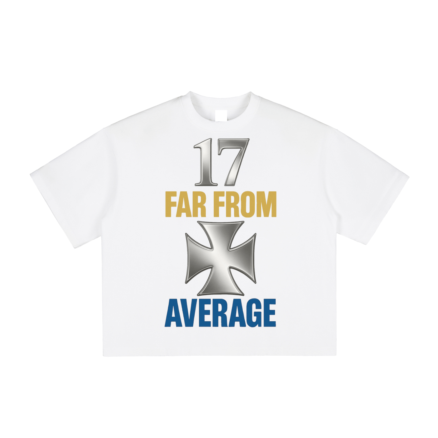 White T-shirt with silver "17," gold "FAR FROM," a silver cross, and blue "AVERAGE."