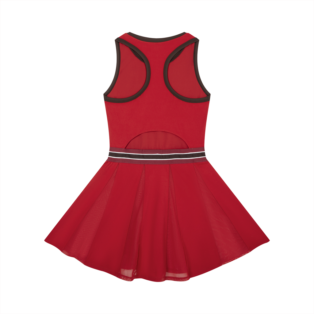 Red sleeveless dress with black piping and mesh back, striped waistband, and flared skirt.