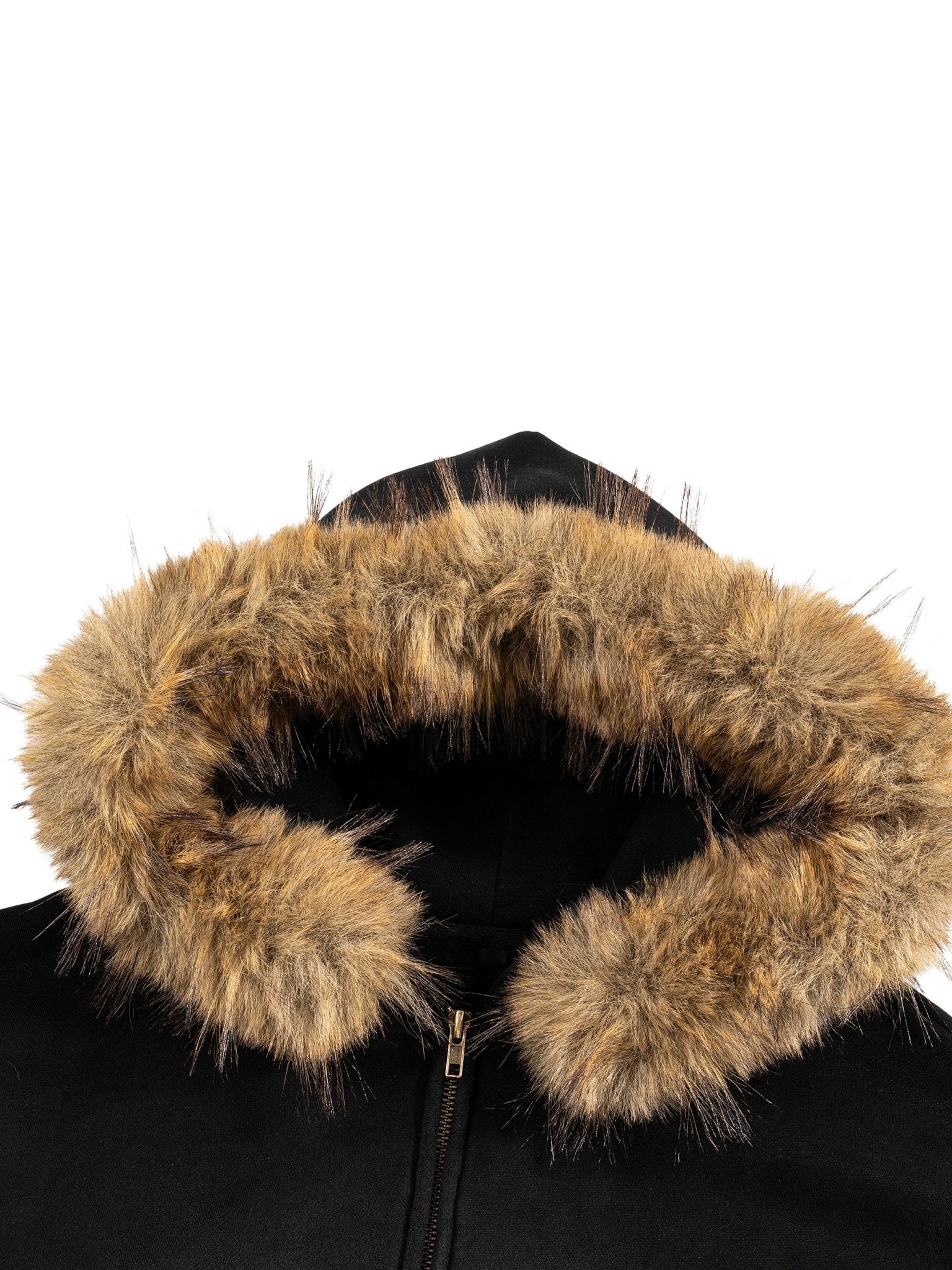Black jacket with a brown faux fur-lined hood and a visible zipper in the center.