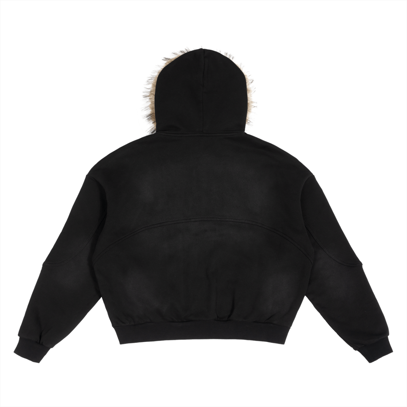 Black hooded jacket with fur-trimmed hood, ribbed cuffs, and waistband, shown from the back.