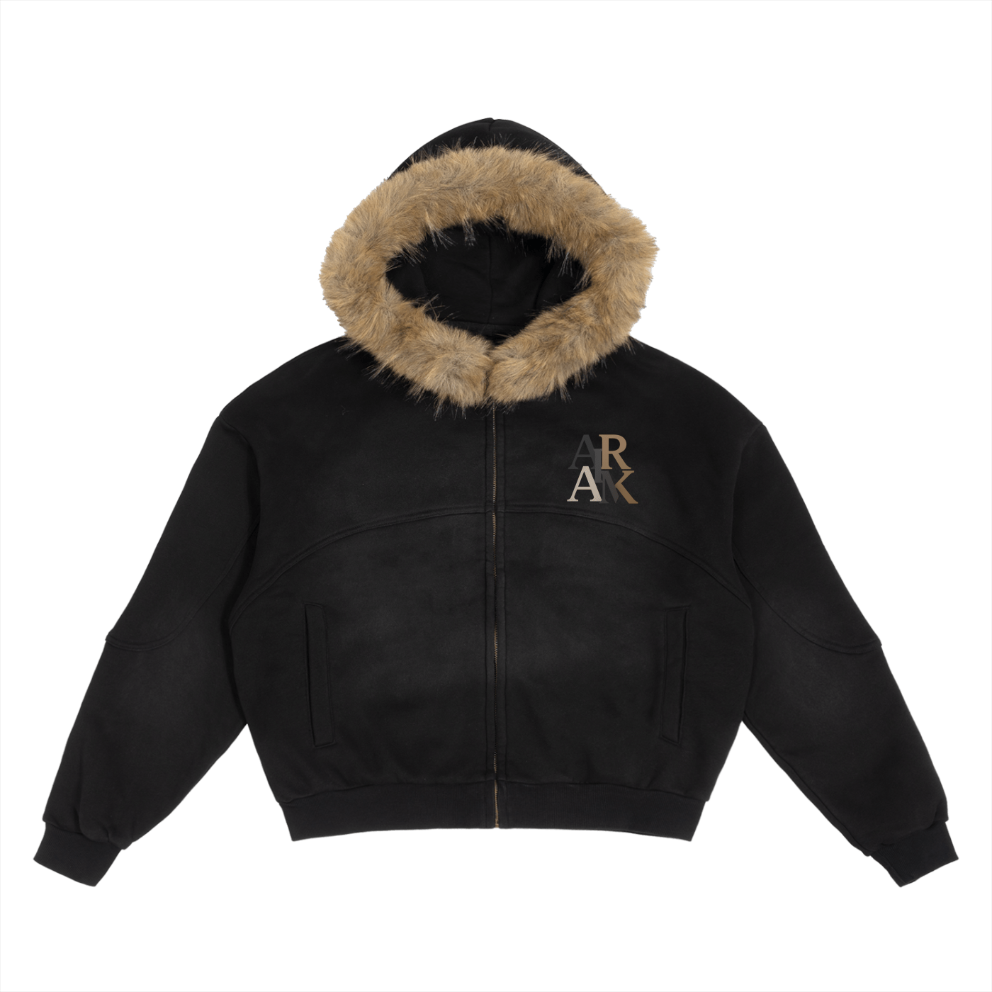 Black jacket with fur-lined hood and "ARAK" logo in brown on the chest.