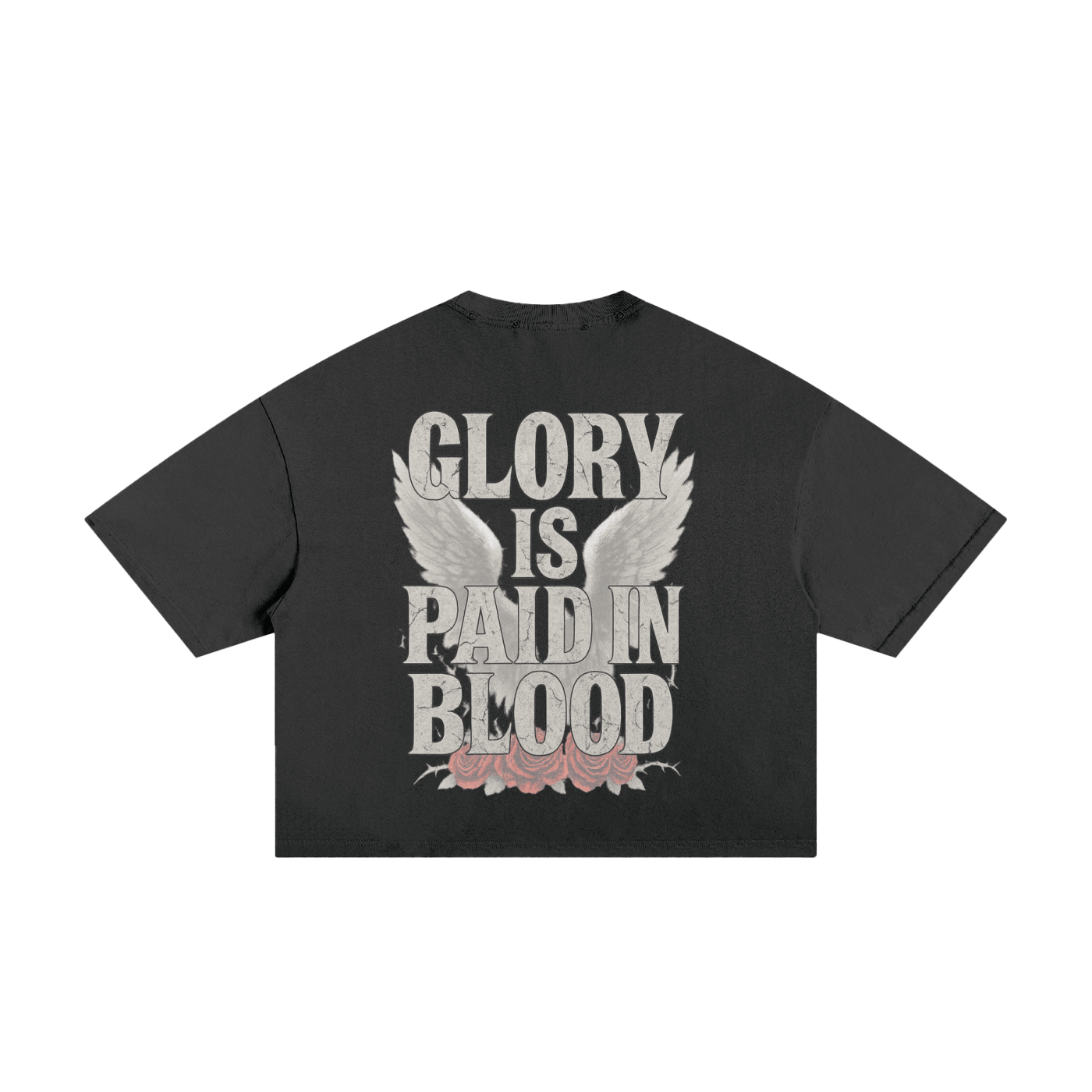Black T-shirt with white text "Glory is Paid in Blood" and wing design above red roses.